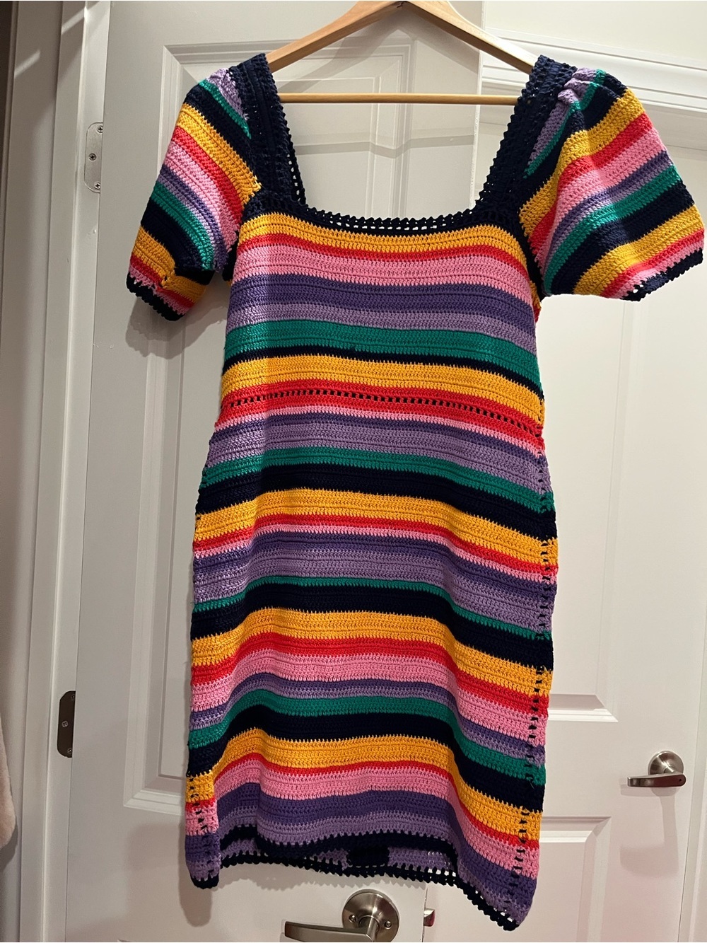 FARM Rio Colorful Striped Crochet Mini Dress with Navy Trim - Picture 7 of 8